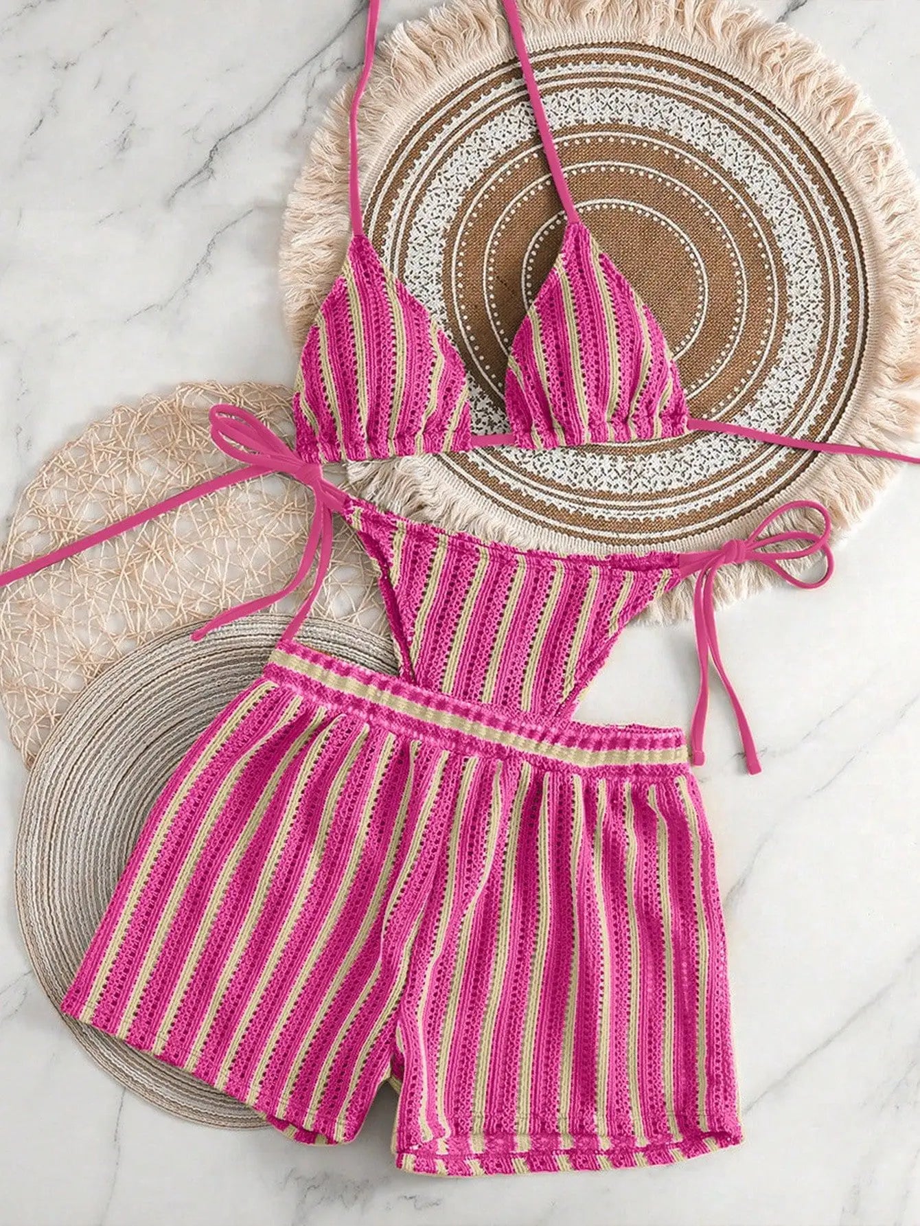 Retro Striped 3 Pieces Knitted Mesh String Bikini Set Swimsuit
