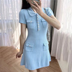 Polo Neck Knit Dress With Elastic Slim Fit And Multi Pocket Wrapped Hip Skirt