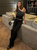 Polka Dot Off Shoulder Crop Top With Skew Collar And Ruched Backless