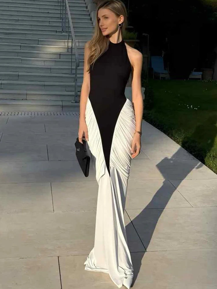 Nibber Backless Patchwork Halter Maxi Dress With Slit