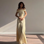 Retro Off Shoulder Satin Dress With Panel Back A Line Silhouette Long