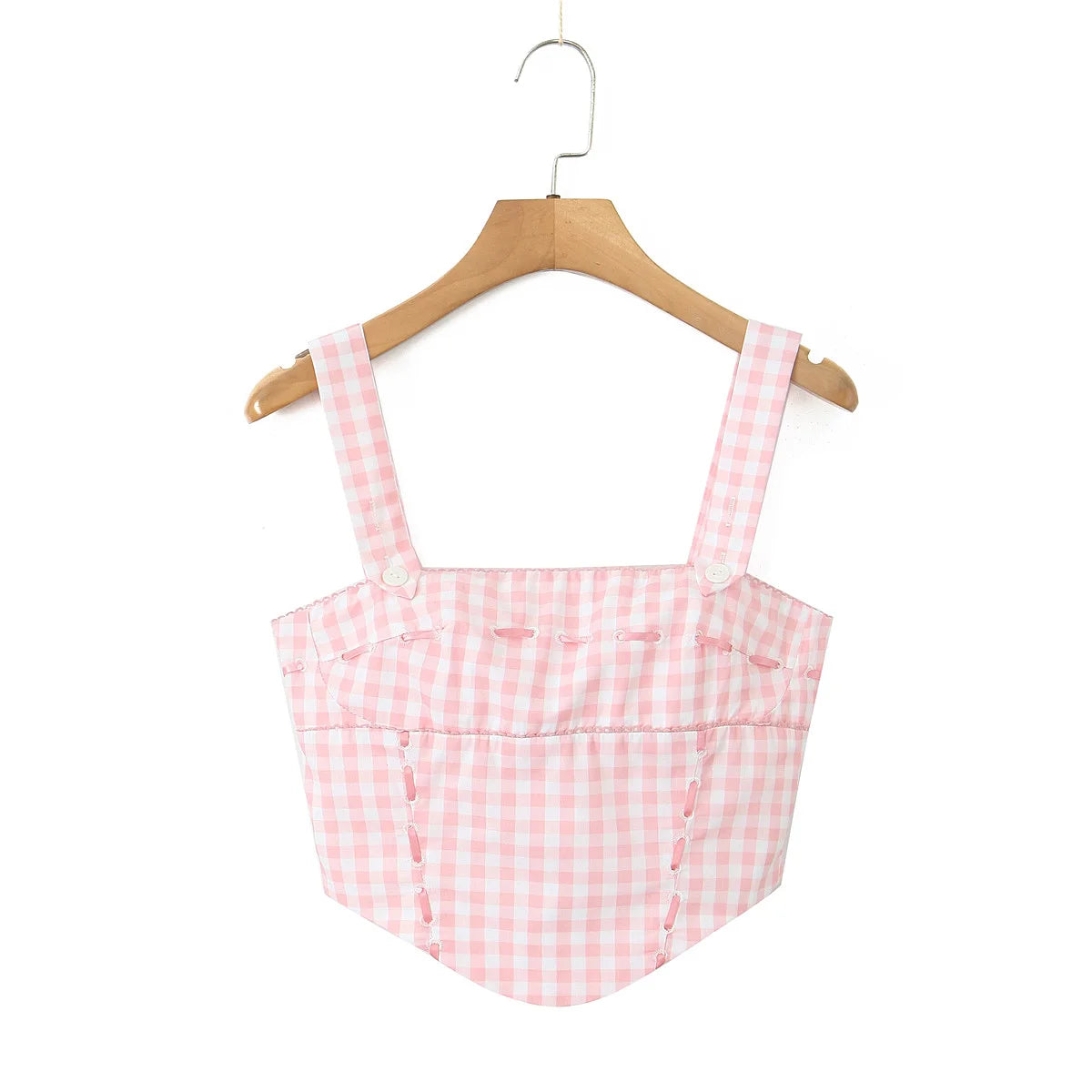 Pink Plaid Crop Top With Slash Collar