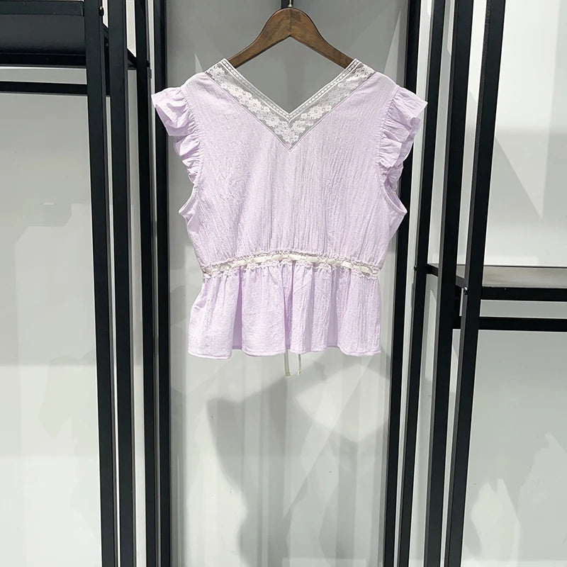 Sweet Lace V Neck Blouse With Ruffles And Flutter Sleeves