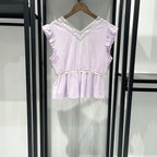 Sweet Lace V Neck Blouse With Ruffles And Flutter Sleeves