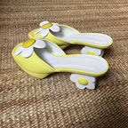 Summer Bloom Sandals With Square Toe Oversized Flower Detail Open Back And Chunky Block Heel
