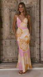 Sunlit Breeze Printed Strap Maxi Dress With V Neck Backless