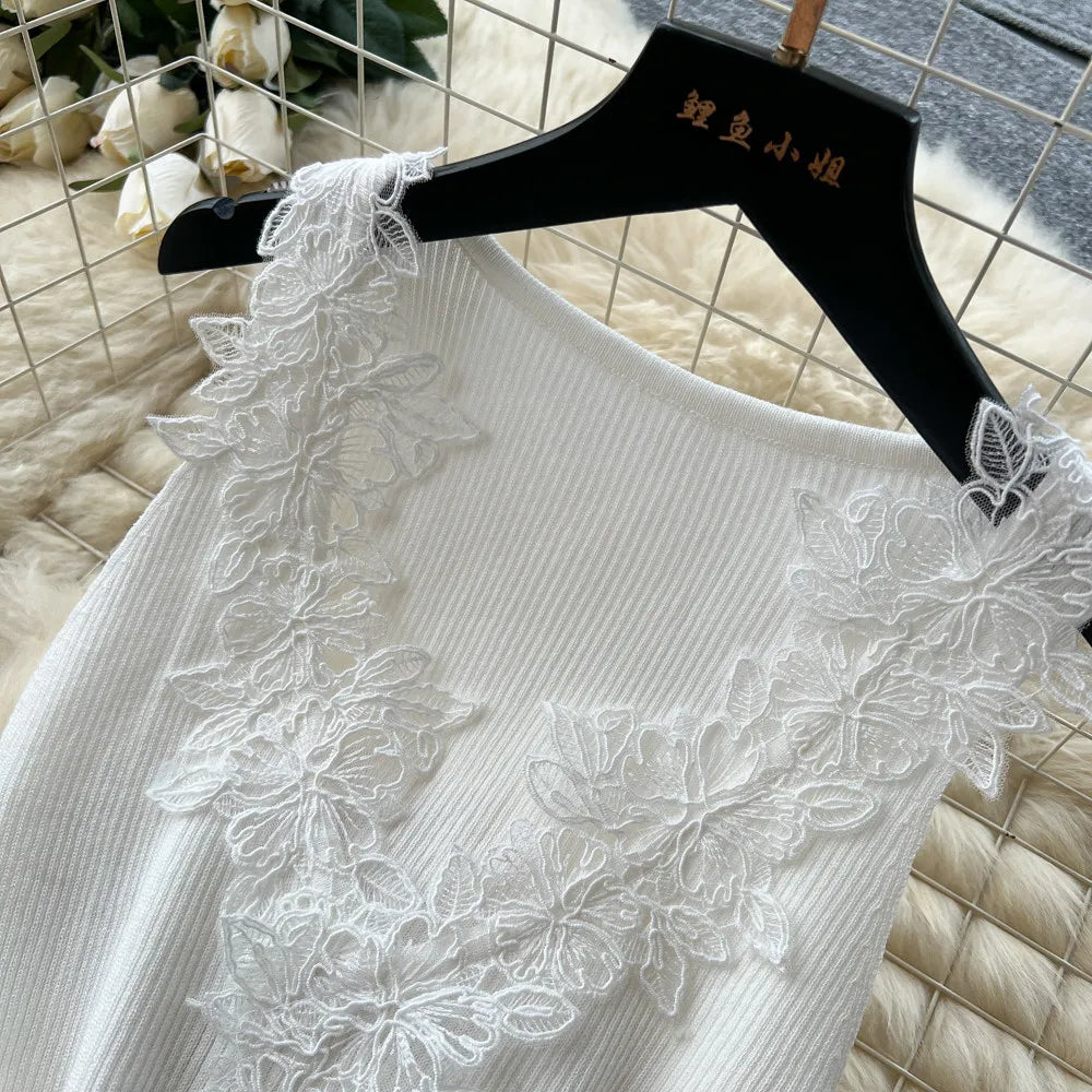 French Style Lace Knit Sleeveless Bodycon Maxi Dress