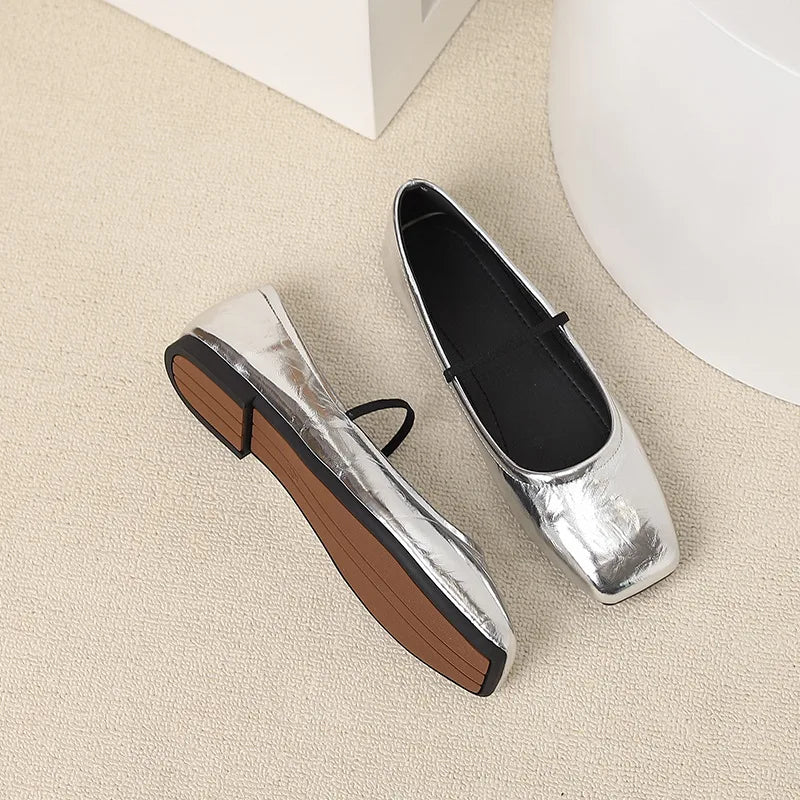 Metallic Square-Toe Mary Janes Slip-On Flats