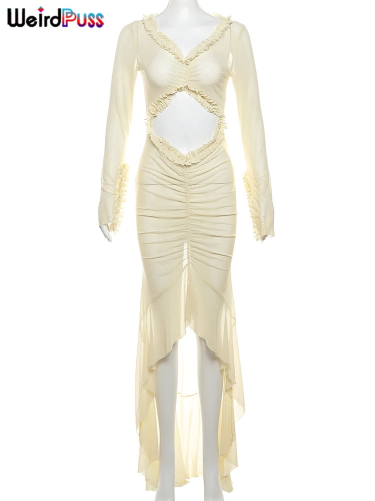 Elegant Sheer Lace Bodycon Dress With Hollow V-Neck Ruffles And Ruched Sides