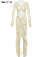 Elegant Sheer Lace Bodycon Dress With Hollow V-Neck Ruffles And Ruched Sides