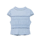 Sweet Retro-style Doll Neck Bubble Sleeve Women's Pleated Top