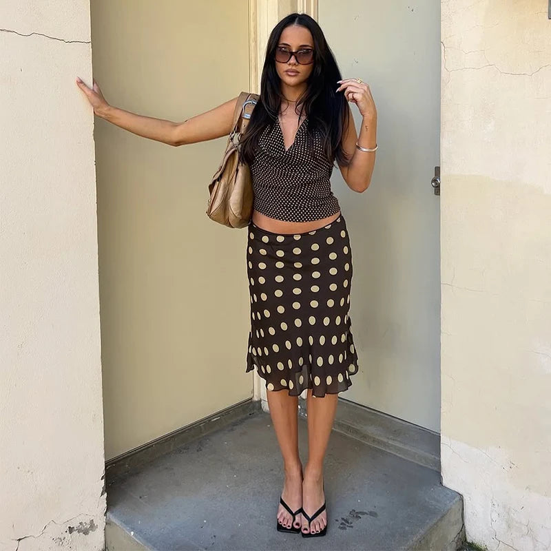 Polka Dot Satin Mesh Midi Skirt With High Waist A Line