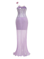 One Shoulder Floral Hollow Out Purple Maxi Dress