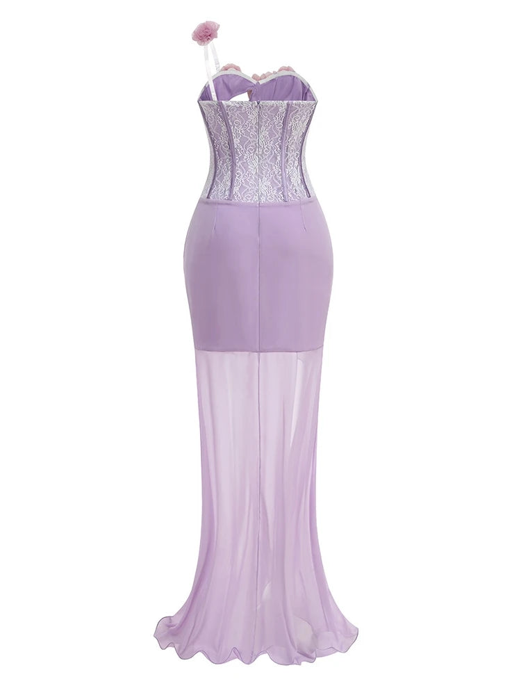 One Shoulder Floral Hollow Out Purple Maxi Dress