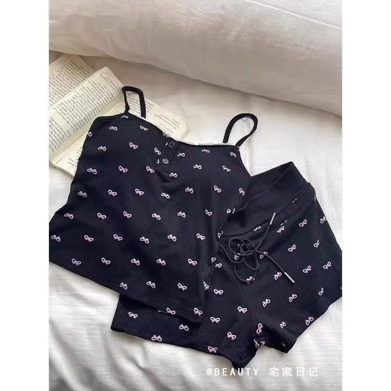 Bow Pajamas Set For Women Two Piece Summer Sleepwear With Tank Top And Shorts Lounge Ensemble