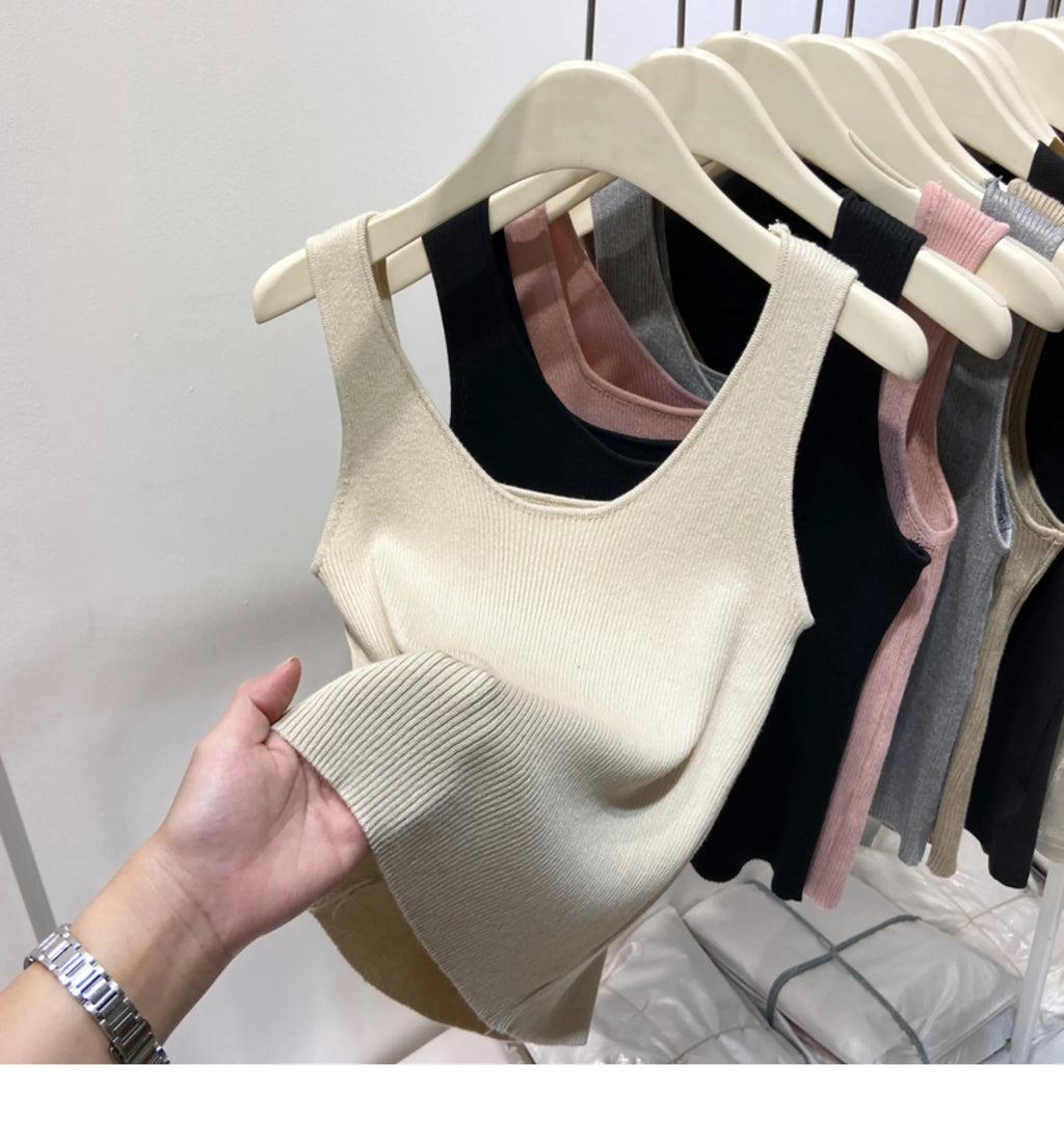 Knitted Strap Top With Clavicle Square Collar