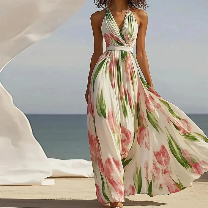 Floral Sleeveless V Neck Belted Print Maxi Dress