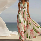Floral Sleeveless V Neck Belted Print Maxi Dress