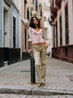 Khaki-colored Washed Low-rise Denim Pants with Rolled Cuffs and Straight-leg Design