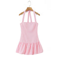 Stripes Tie Bow Halter Sling Satin Dress Women Low Waist Ball Gown Pleated