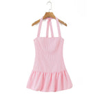 Stripes Tie Bow Halter Sling Satin Dress Women Low Waist Ball Gown Pleated