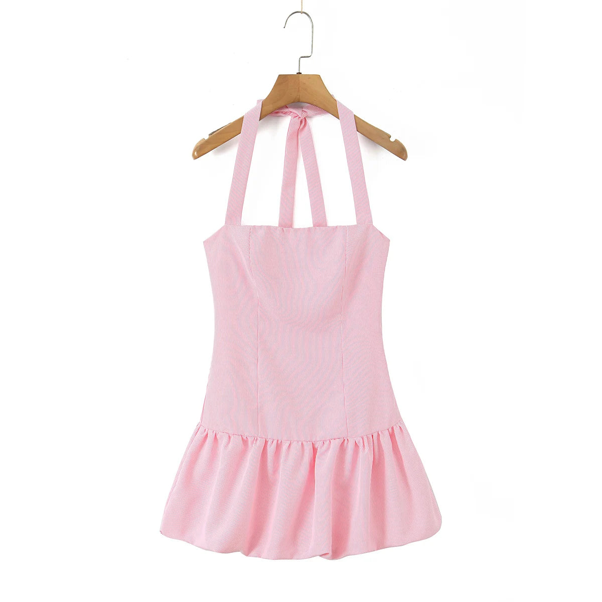 Stripes Tie Bow Halter Sling Satin Dress Women Low Waist Ball Gown Pleated