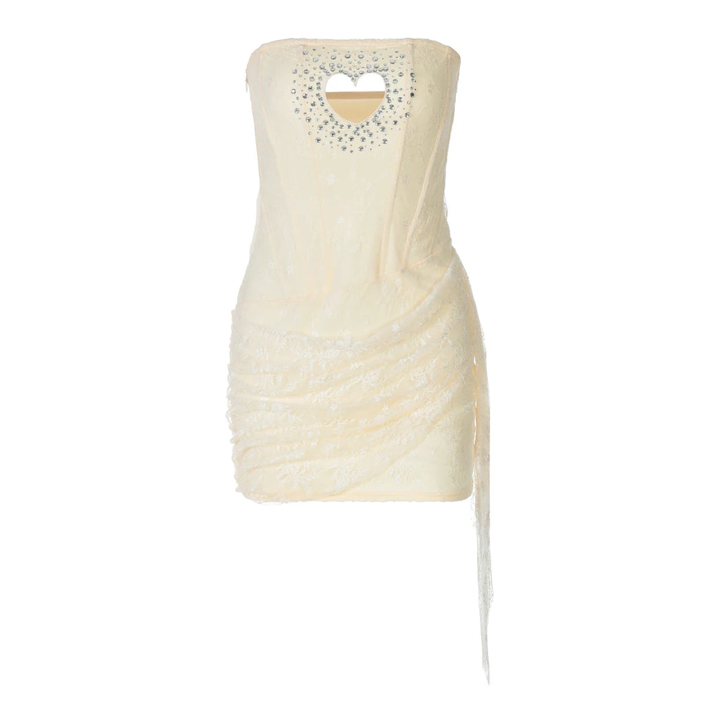 Sequined Strapless Mesh Mini Dress With Heart Cutout Zip Front