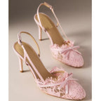 Butterfly Knot Lace Shingback Sandals With Buckle Strap Pointed Toe Slim Heels