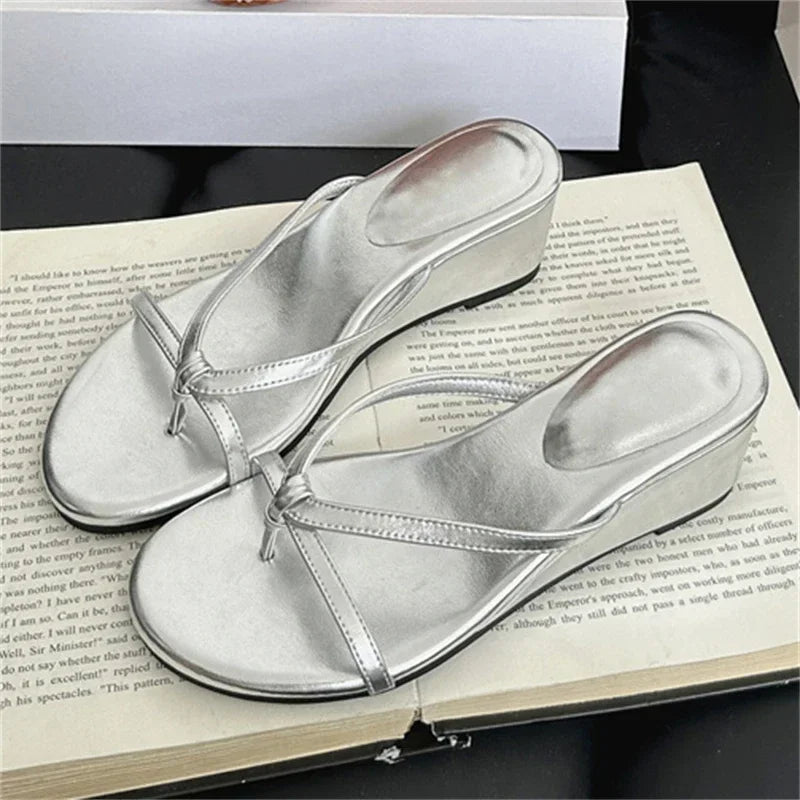 Elegant Cross Strap Wedge Sandals Low Heel Slip On
