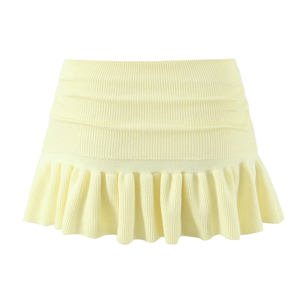Y2K Women Roll Down Rib Knitted Hem Ruched Pleated Mini Skirt Elastic Waist Hips A-line Skirt