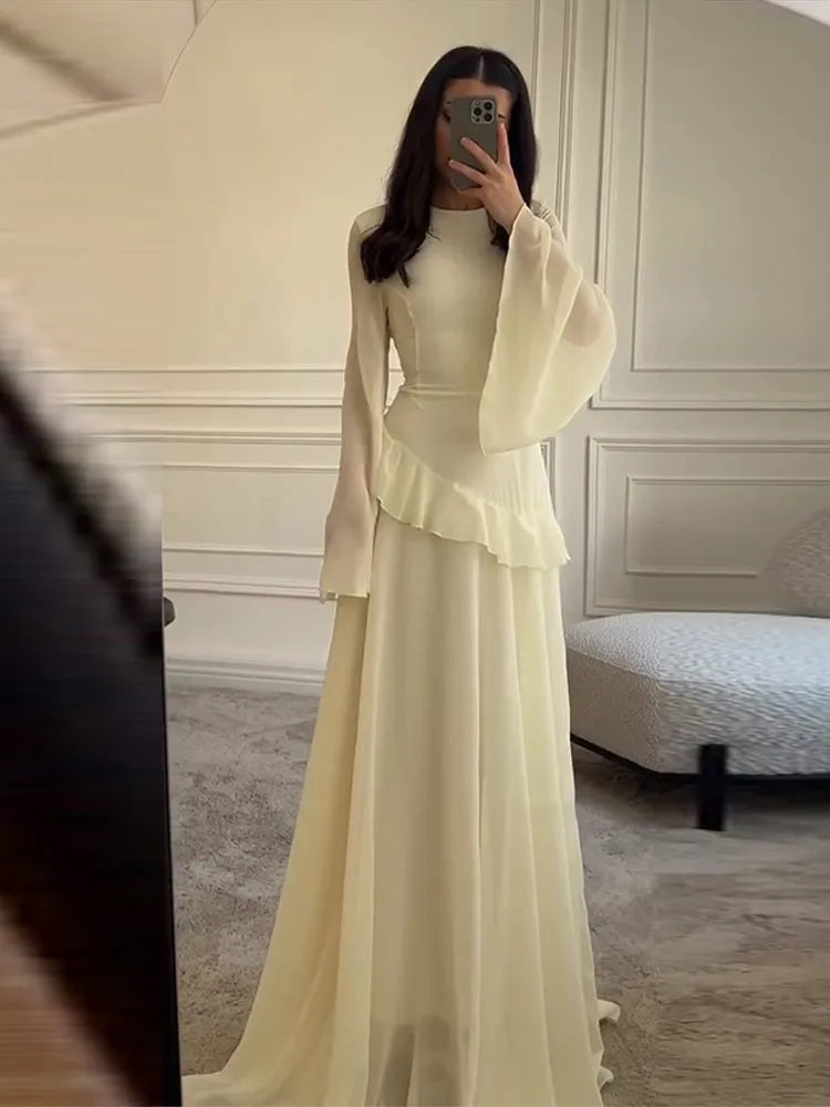 Flare Sleeve Maxi Dress With Ruffle Detail O Neck High Waist Pleated