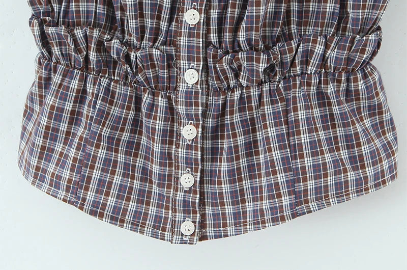 Sweet Plaid Chic Single Breasted Cropped Tops French Square Collar Puff Sleeve Blouse