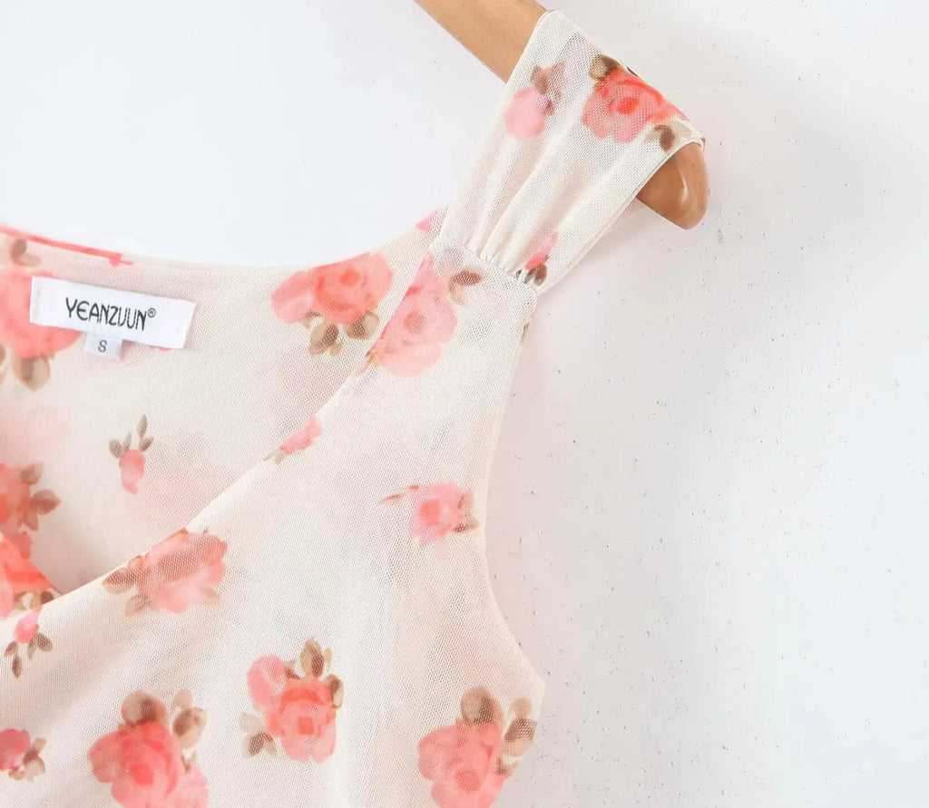 Apricot Floral Mesh Tank Top With V Neck And Ruched Corset Silhouette Sleeveless Crop Cami