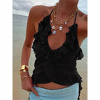 Retro Halter Top With Backless Ruffle Hem Detail Sleeveless