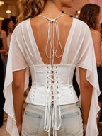 Satin Silk Patchwork V-Neck Tops Drawstring Backless Corset Waist Ruffle