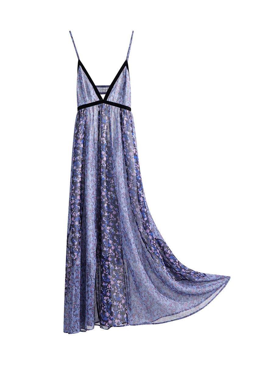 Women's Boho Chiffon Floral Print Long Strap Backless Maxi Dress