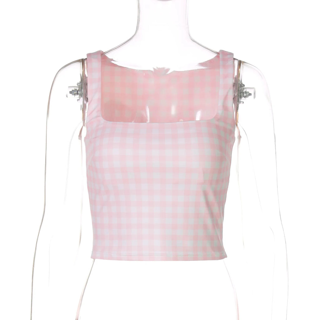 Square Collar Plaid Tank Top Sleeveless