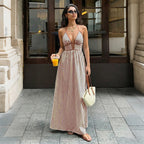 Sea Breeze Striped Deep V Beach Dress With Backless Sleeveless Maxi