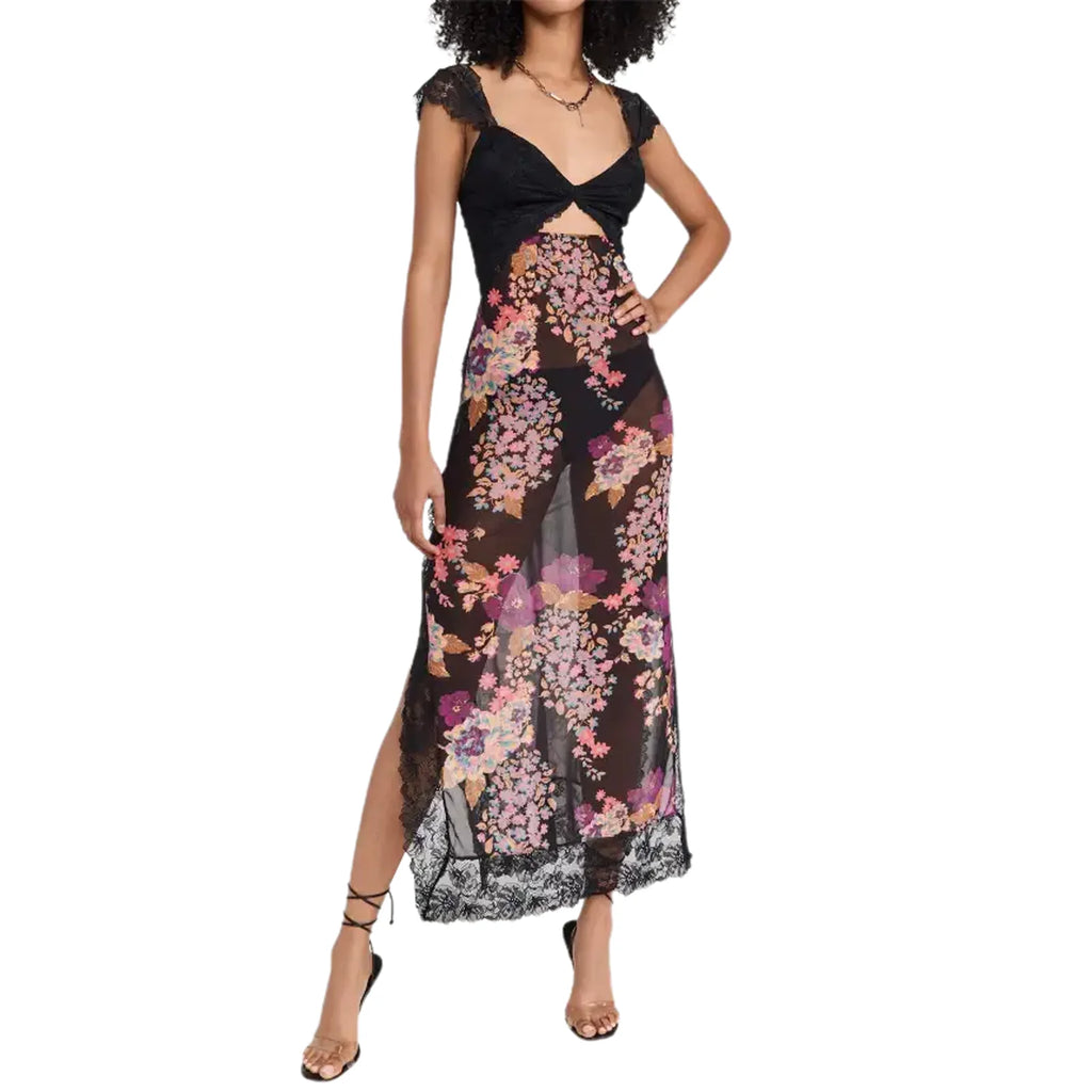 Floral Lace Patchwork Bodycon Dress Cutout Vneck Backless
