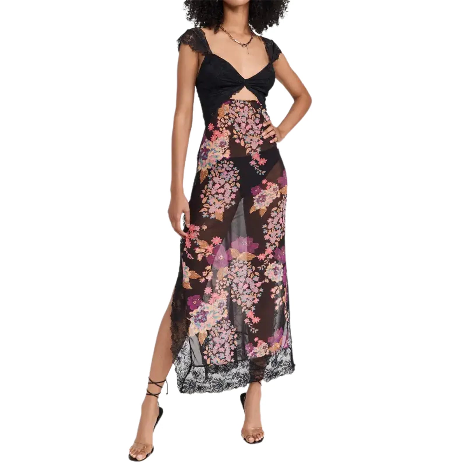 Floral Lace Patchwork Bodycon Dress Cutout Vneck Backless