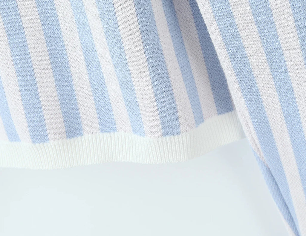 Sweet Blue White Striped Button Through Pointelle Knit Cardigan Sweater Woman Full Puff Sleeve Jumper Cropped Knitwear