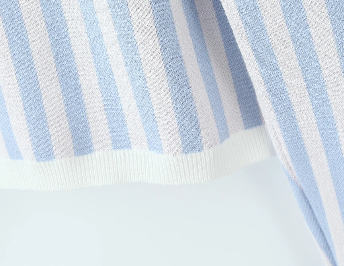 Sweet Blue White Striped Button Through Pointelle Knit Cardigan Sweater Woman Full Puff Sleeve Jumper Cropped Knitwear