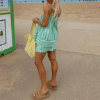 Summer Striped Peplum Cami Top And Flowing Boxer Shorts Two Piece Lounge Set For Vacation