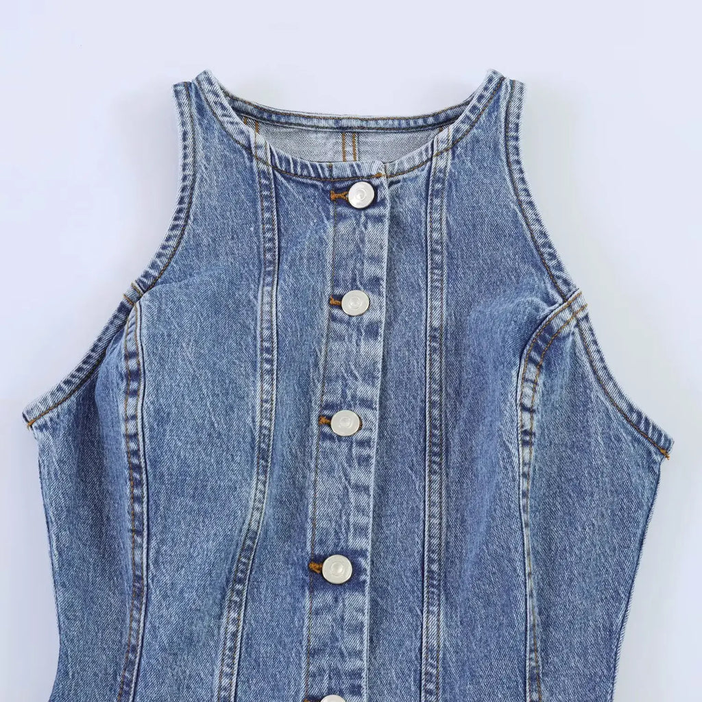 Casual Denim Mini Dress For Women Sleeveless Round Collar Single Breasted Slim Fit