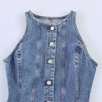Casual Denim Mini Dress For Women Sleeveless Round Collar Single Breasted Slim Fit