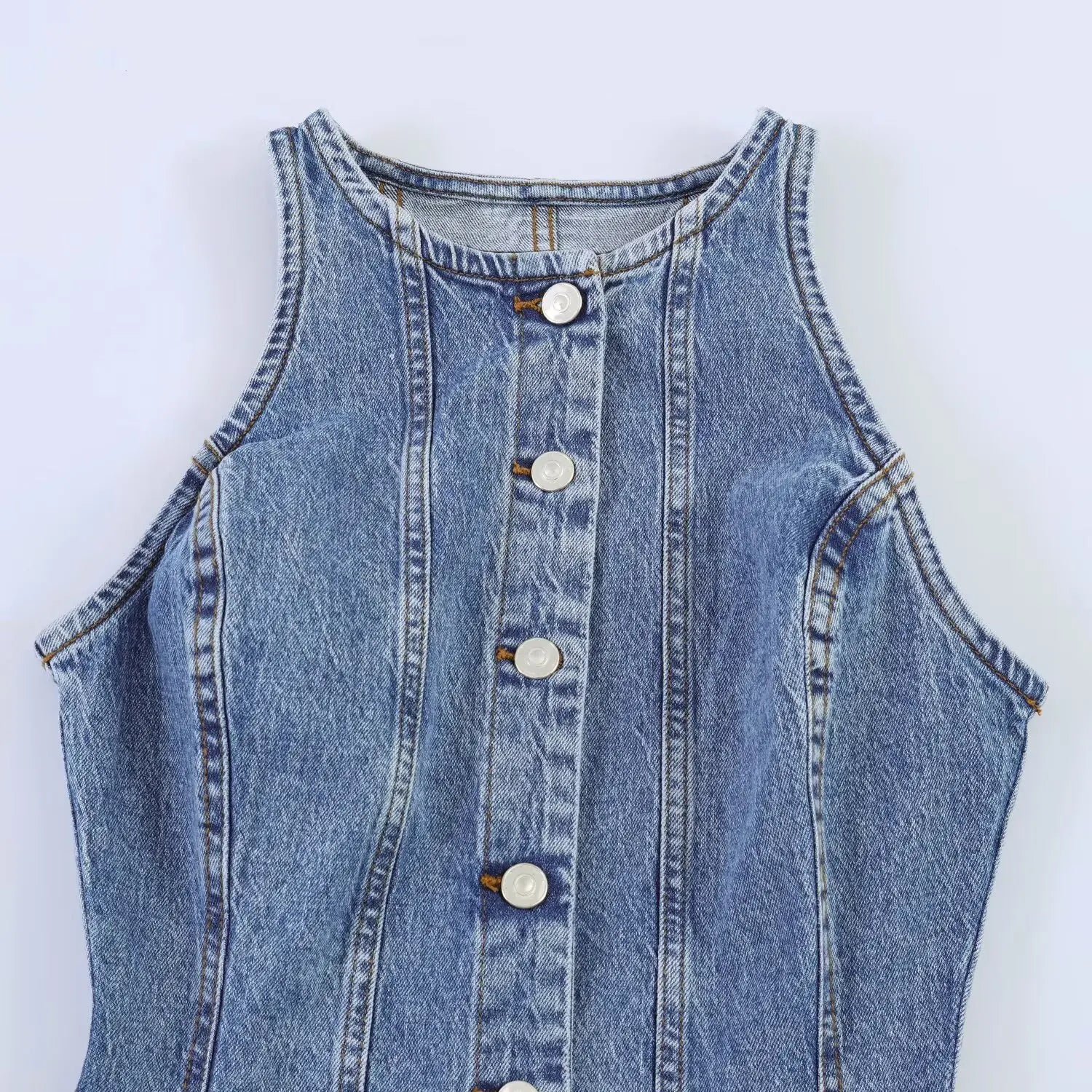Casual Denim Mini Dress For Women Sleeveless Round Collar Single Breasted Slim Fit