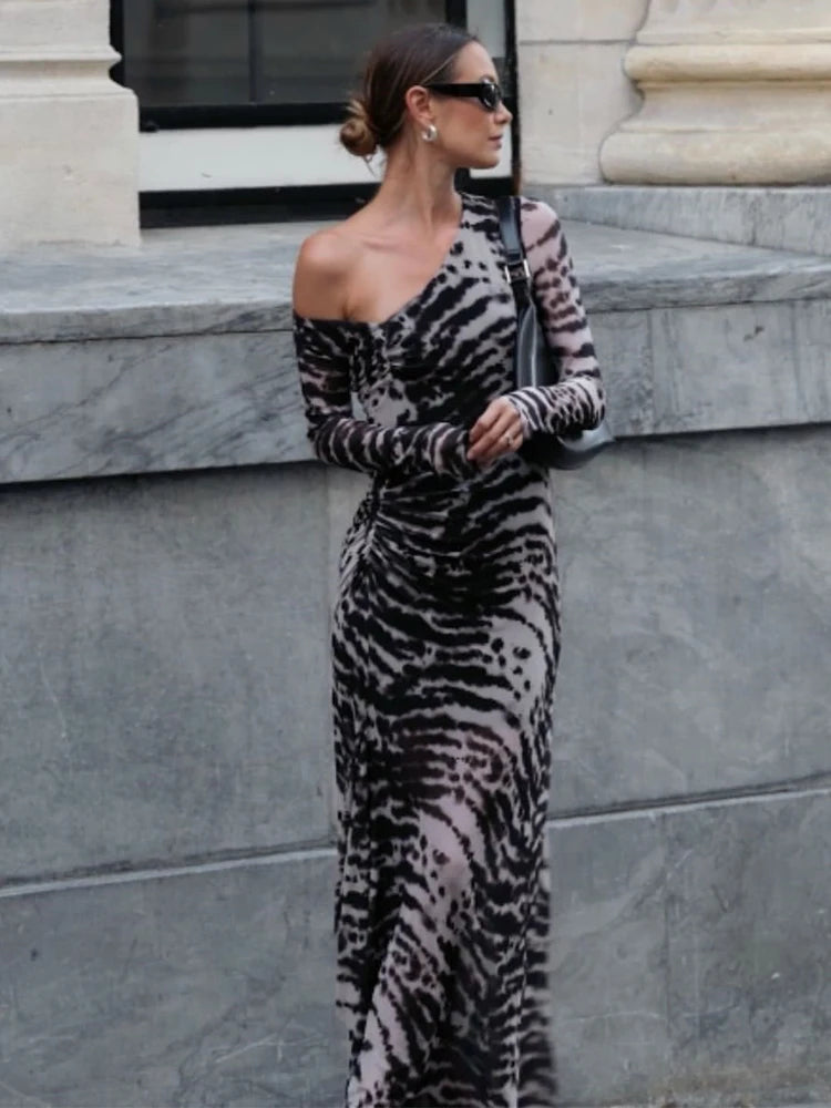 Patchwork Long Dress With Asymmetric Shoulder And Slim Stretch
