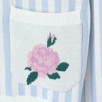 Sweet Blue White Striped Button Through Pointelle Knit Cardigan Sweater Woman Full Puff Sleeve Jumper Cropped Knitwear