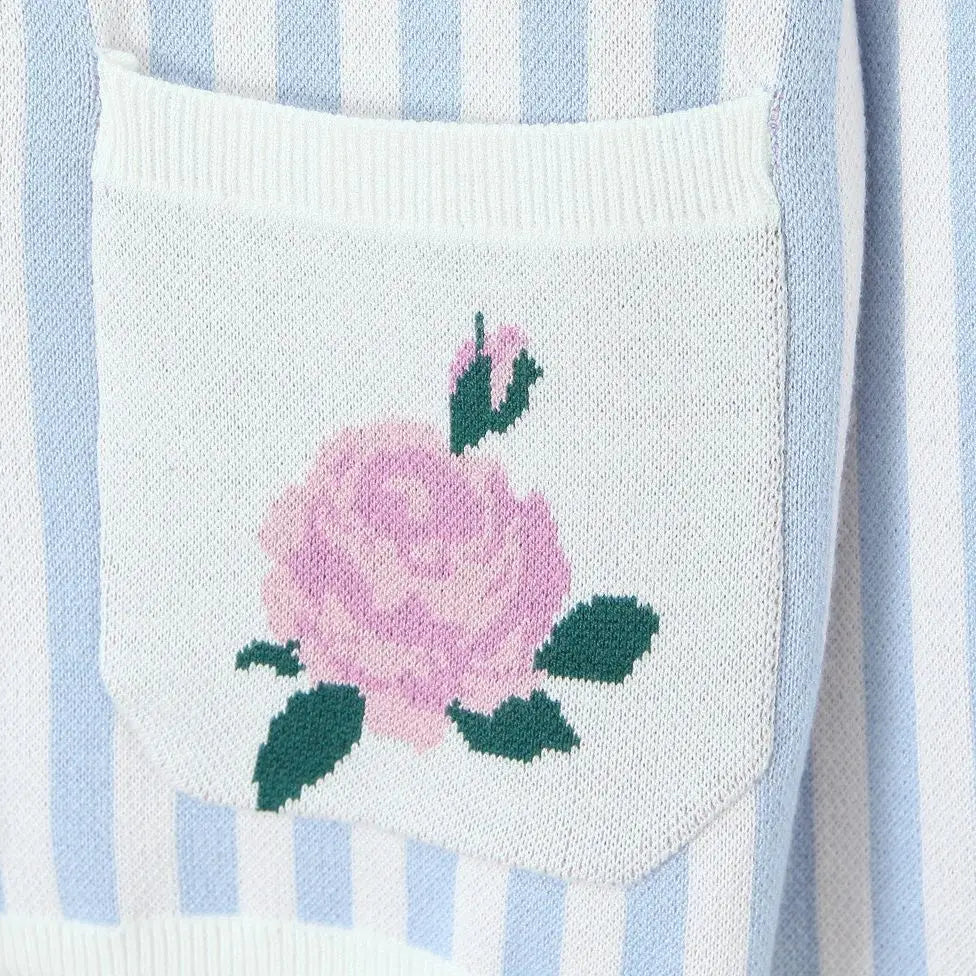 Sweet Blue White Striped Button Through Pointelle Knit Cardigan Sweater Woman Full Puff Sleeve Jumper Cropped Knitwear