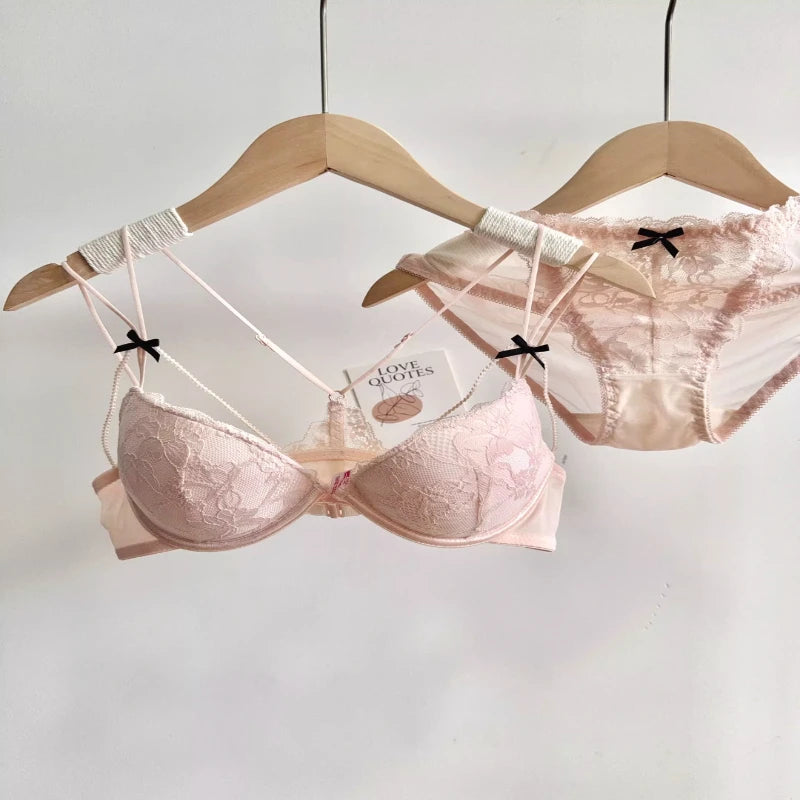 Lace Front Closure Lingerie Set For Women Wirefree Push Up Bra Delicate Straps Lightweight Comfort